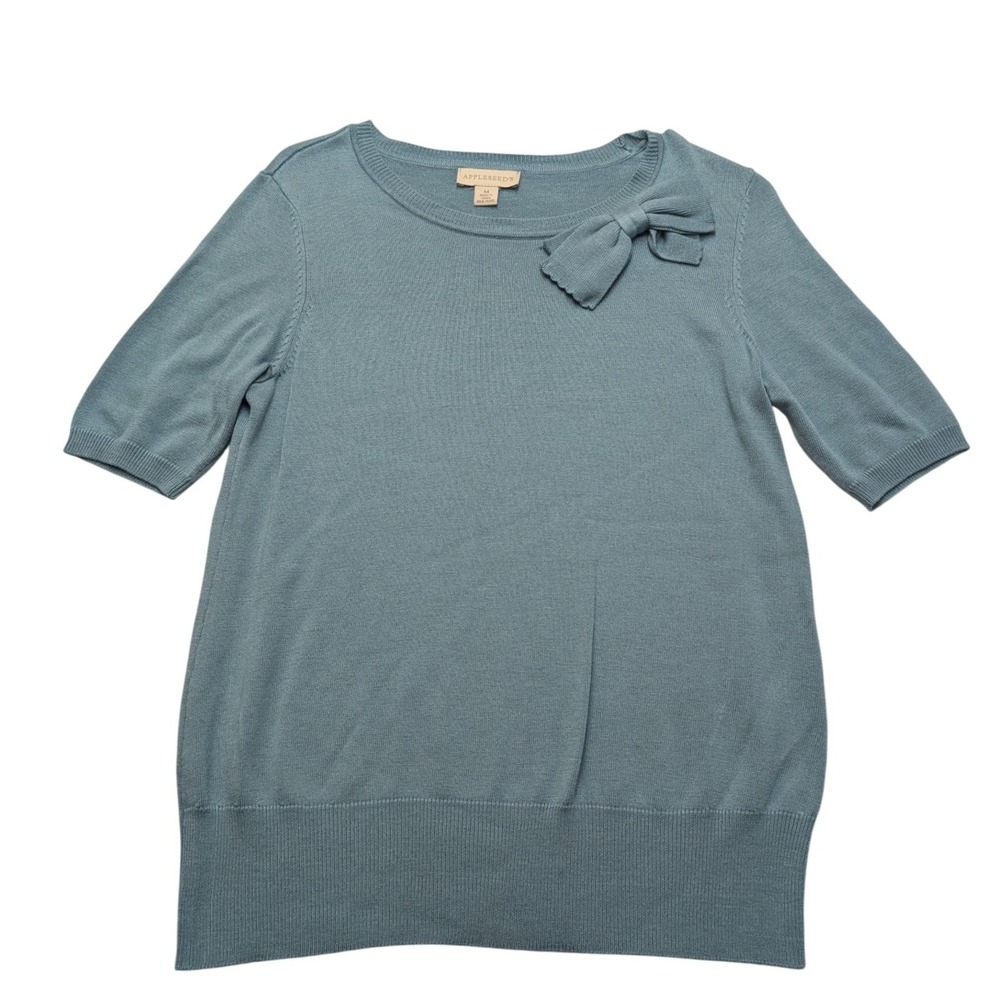Appleseed's Knit Sweater Womens Medium Blue Green Short Sleeve Bow Detail